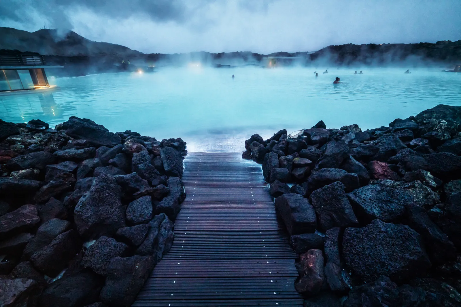 The Blue Lagoon among the Reykjanes lava fields — about 50 minutes from Reykjavík by scheduled coach