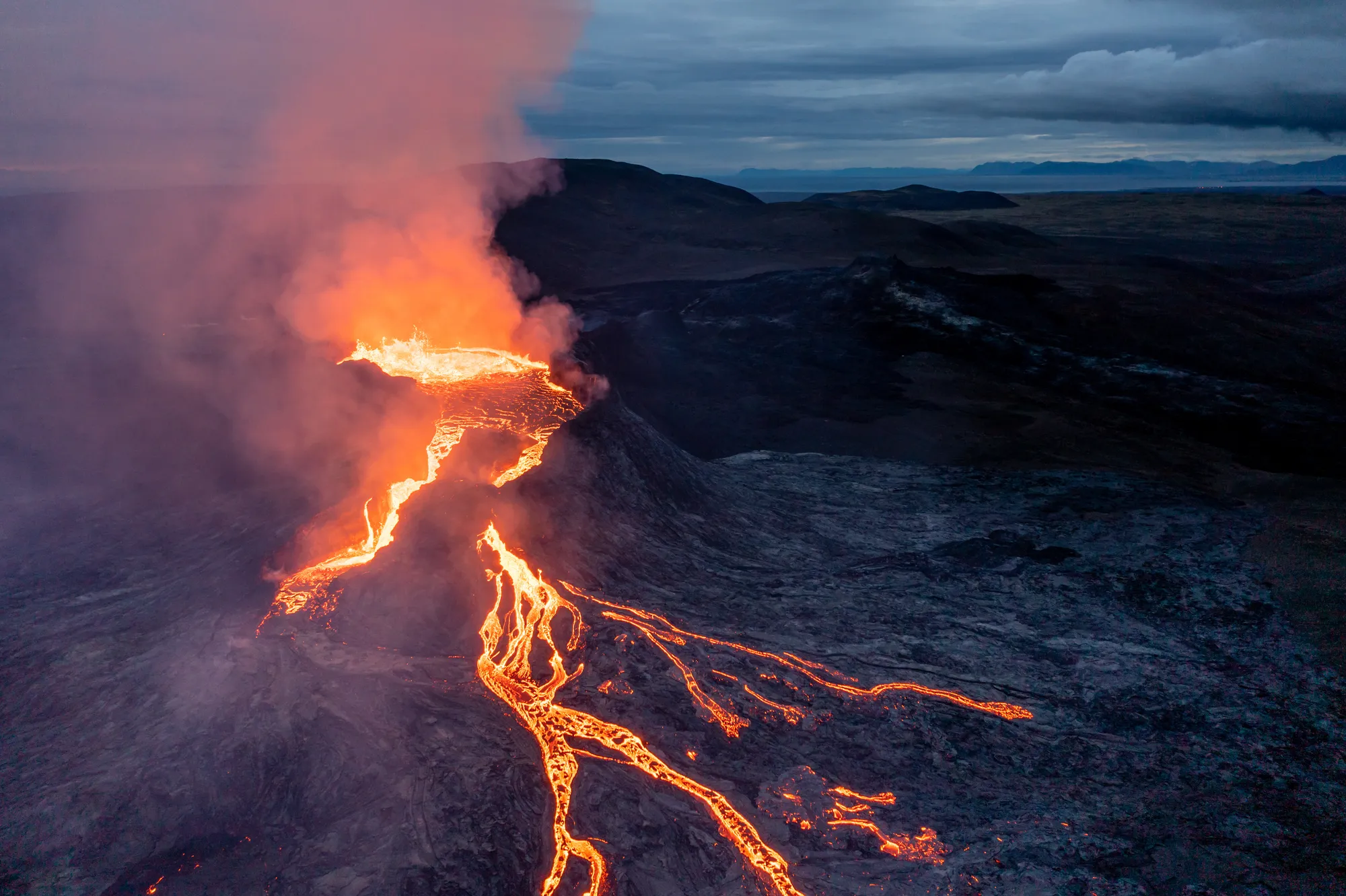Fagradalsfjall erupting in 2021 — about 50 km from Reykjavík; no eruption is underway as of October 2026