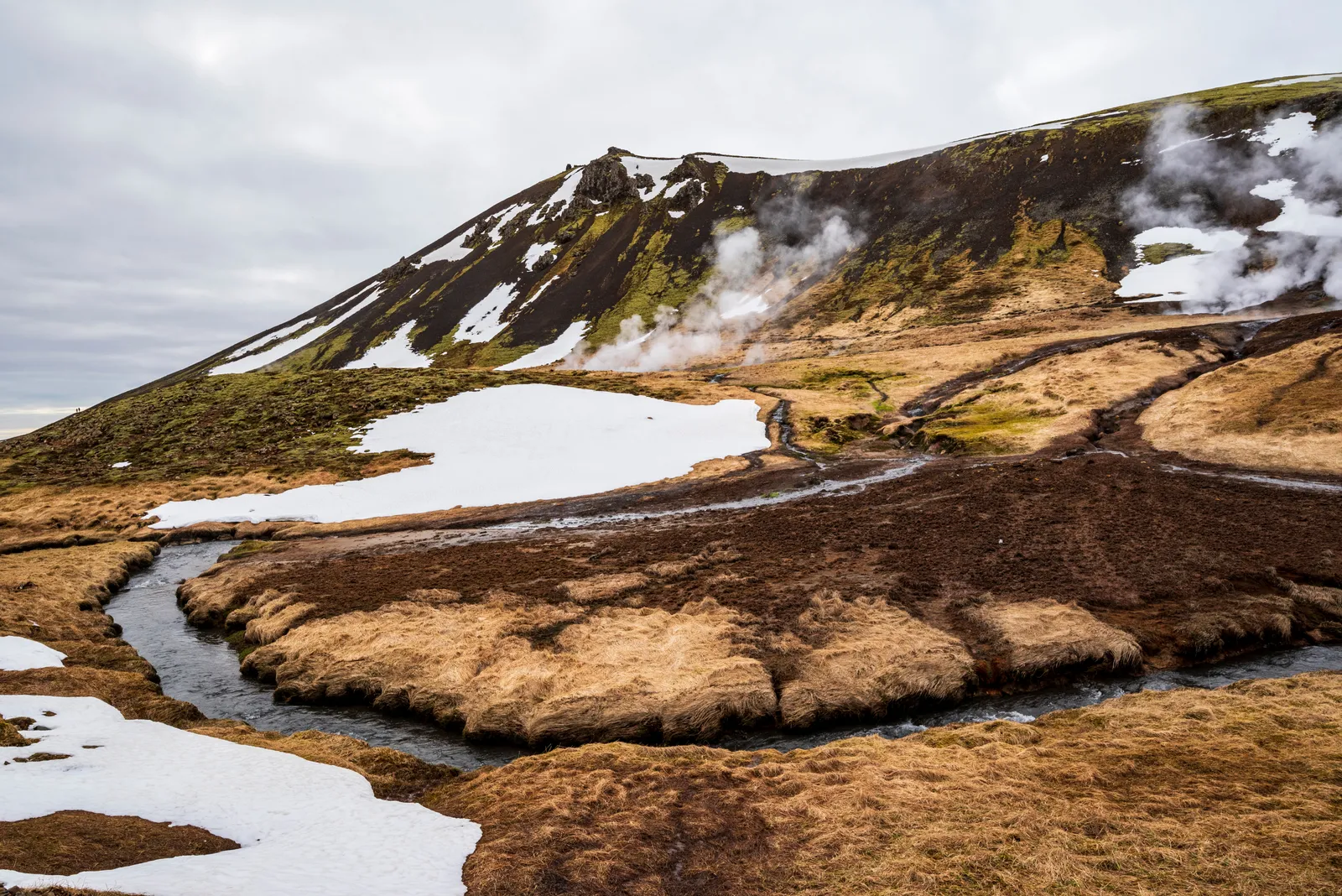 Steam rising over the Reykjadalur hot-river valley in the Hengill volcanic system