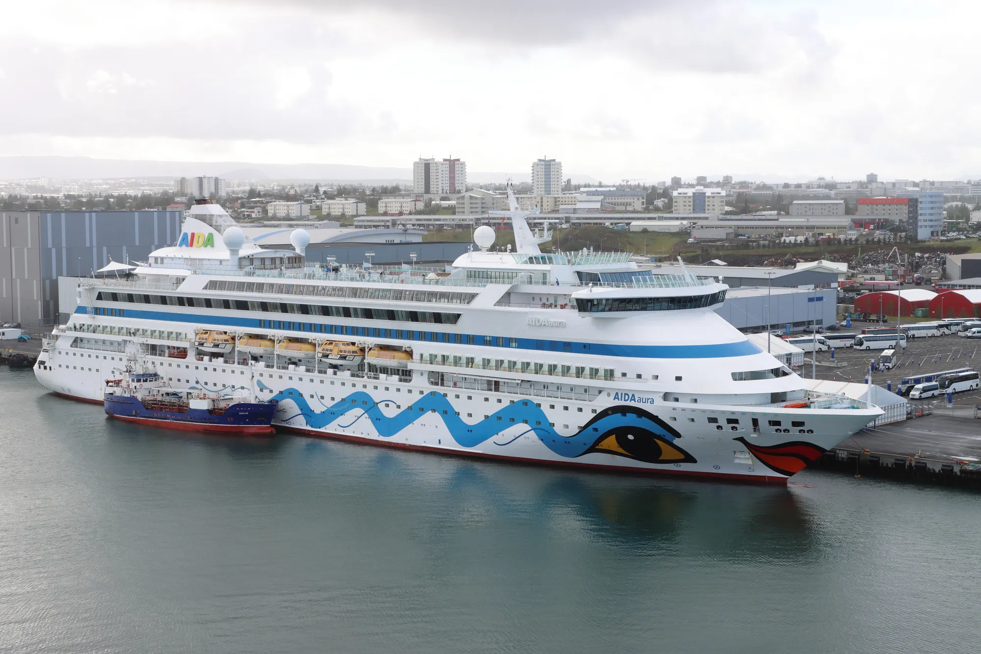 A cruise ship docked at Skarfabakki Cruise Terminal in Sundahöfn harbor, about 4 km east of central Reykjavík