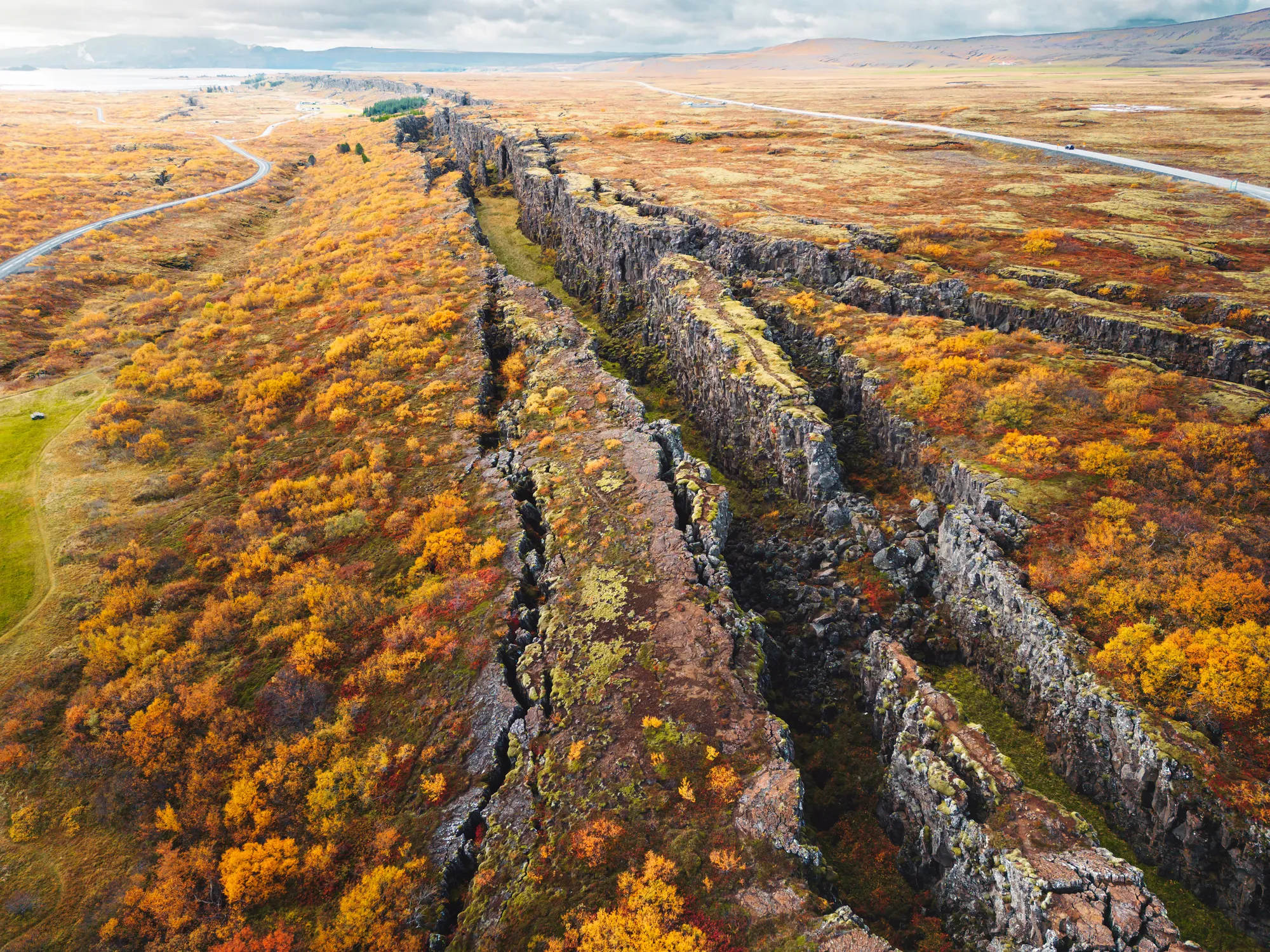 Aerial view of the Þingvellir rift valley where the North American and Eurasian tectonic plates pull apart